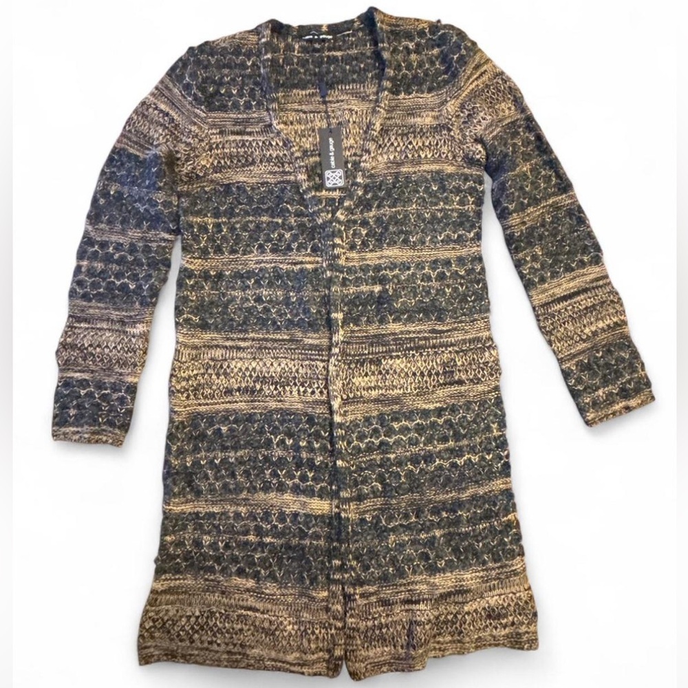 Cable & Gauge Longline Open Front Cardigan Sweater NWT Women’s Small Black Tan